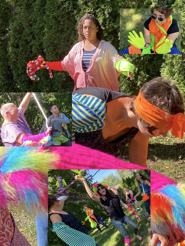 montage of photos of people dressed in fluorescent costumes in a flurry of movement in a garden