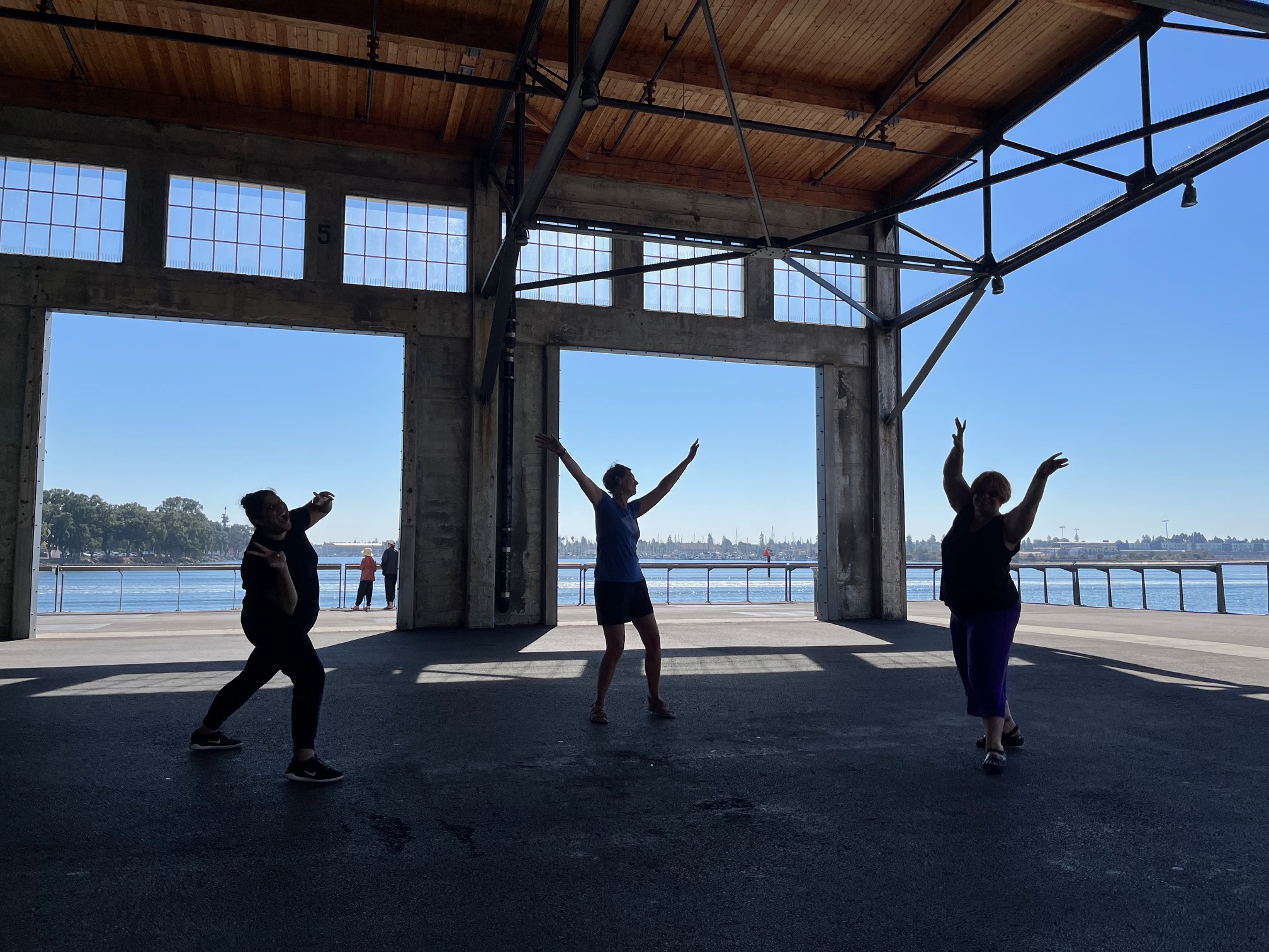 Three people under an outdoor structure in silhouette against blue sky and ocean bay with arms reaching upward.