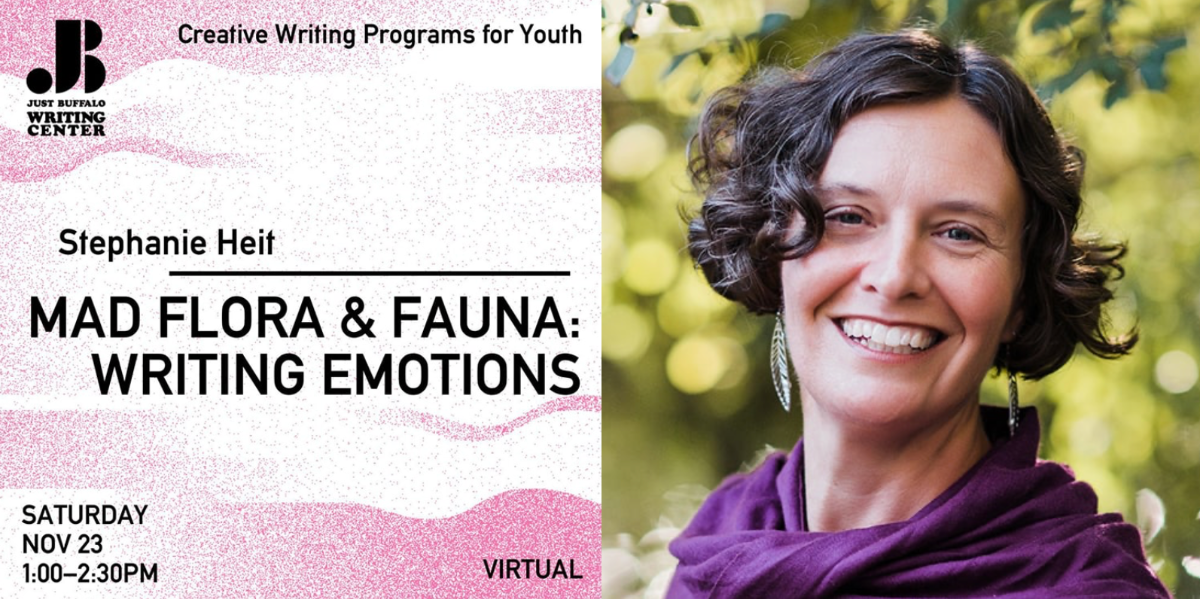 Headshot of Stephanie Heit with info about the Mad Flora & Fauna Writing Emotions workshop