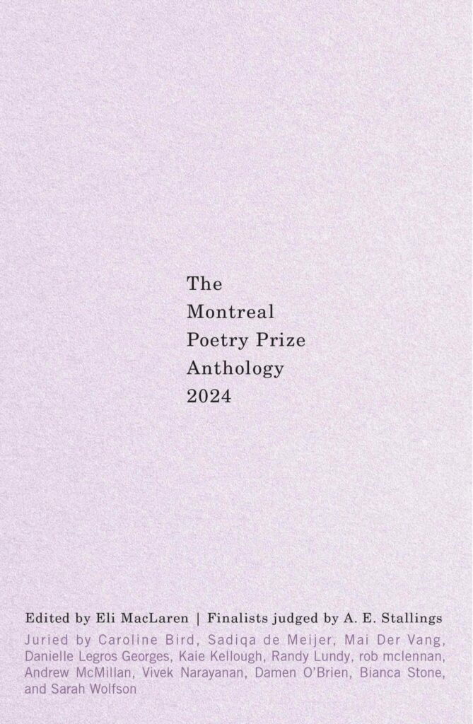 Lavender book cover with text The Montreal Poetry Prize Anthology 2024